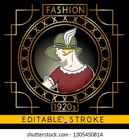Woman Fashion 1920s in Art Deco style. Vintage Art Deco illustration of Glamour Madame in a hat with a feather, with Golden frame on black background. Easy changing vector with editable strokes.