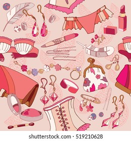 Woman fashion accessories, cosmetics, jewelry, shopping background vector 
