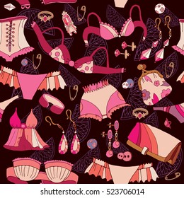 Woman fashion accessories seamless pattern, underwear, cosmetics, jewelry, fashion background 