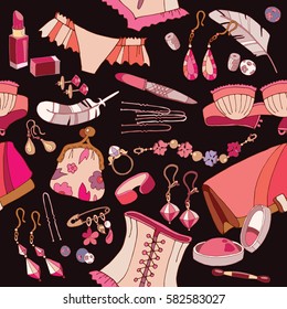 Woman fashion accessories seamless pattern underwear cosmetics jewelry fashion background 