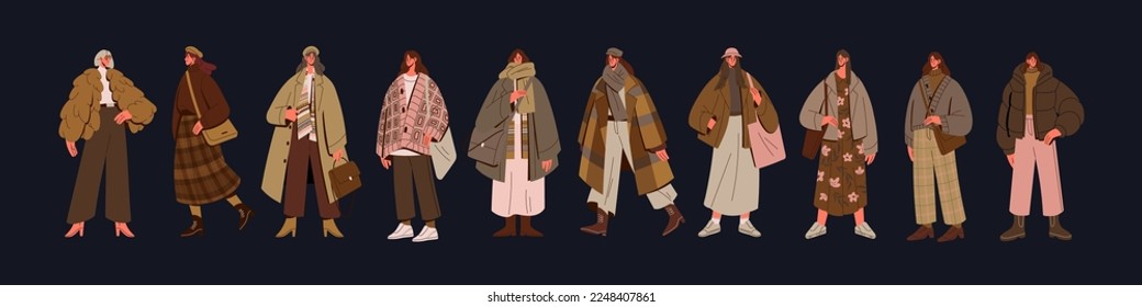 Woman in fashion apparels set. Modern girl wearing trendy clothes in casual street style. Spring and fall looks, outfits with coats, fur, jacket, cardigan. Isolated flat graphic vector illustrations