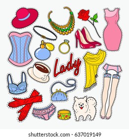 Woman Fashion Badges and Patches. Lady Clothes and Accessories. Vector illustration