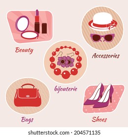 Woman fashion beauty emblems set of accessories bijouterie bags and shoes isolated vector illustration