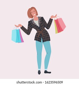 woman fashion blogger holding colorful shopping bags smiling girl shopper standing with purchases season sale blogging concept full length vector illustration