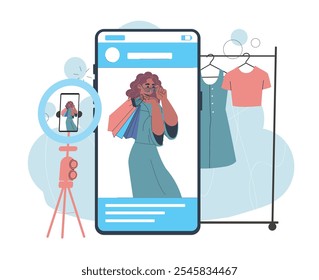 Woman fashion blogger. Young girl with trendy things makes videos for social networks and video hostings. Blogger and influencer. Flat vector illustration isolated on white background