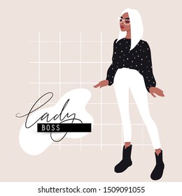 Woman Fashion Card In Cartoon Flat Style. Lady Boss. Stylish Girl In Trendy Clothes. Colorful Vector Illustration. Template With Hand Drawn Inscription About Outfit.