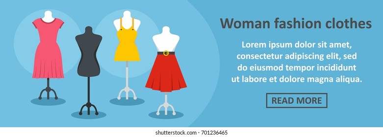 Woman fashion clothes banner horizontal concept. Flat illustration of woman fashion clothes banner horizontal vector concept for web