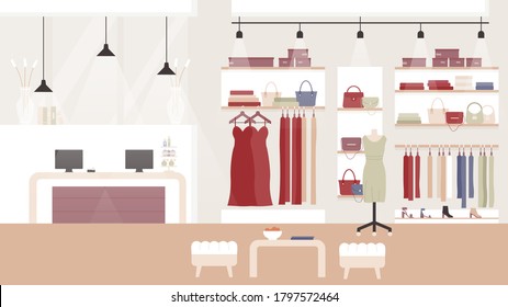 Woman Fashion Clothing Shop Boutique Vector Illustration. Cartoon Flat Empty Clothes Shopping Mall Or Store Room Interior With Female Fashionable Dresses On Hangers, Mannequin, Cashier Desk Background