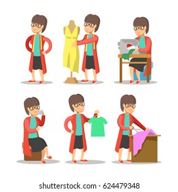 Woman Fashion Designer Cartoon. Dressmaker with Mannequin. Vector character illustration