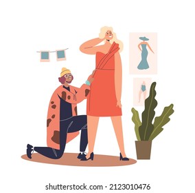 Woman fashion designer fitting dress on female client. Hipster dressmaker and customer trying new garment for size in atelier. Sewer work in workshop studio. Cartoon flat vector illustration