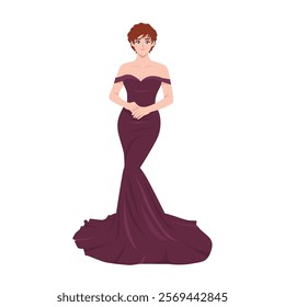 Woman in fashion dress for evening or cocktail party, event. Flat vector character illustration