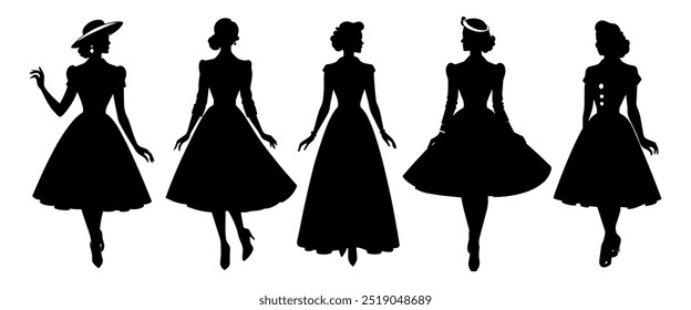 woman fashion dress icon silhouettes,1950 woman isolated on white background