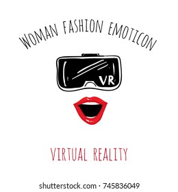 Woman fashion emoticon: virtual reality. Vector emoji, smiley icons, characters. Fashion illustrated woman's emotional face.