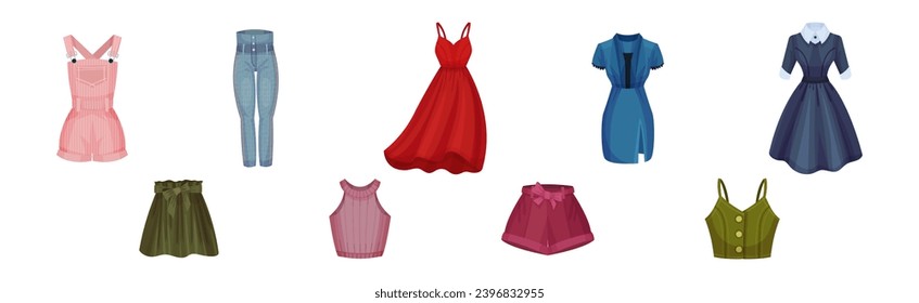 Woman Fashion Garment and Different Apparel Vector Set