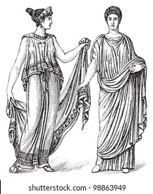 Woman fashion - greek (left) and roman (right) - Ancient period (450 v. chr.) / vintage illustration from Die Frau als hausarztin 1911