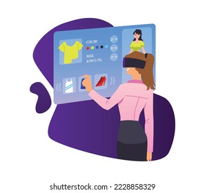 Woman fashion items outfit in the metaverse reality, flat cartoon vector illustration isolated on white background. Metaverse fashion and VR shopping technology.