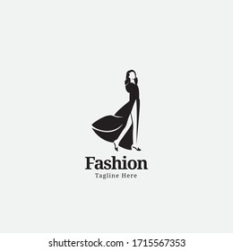 woman fashion logo template. beautiful girl wear dress vector illustratation