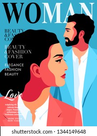 Woman fashion magazine cover design. Abstract couple, male and female faces, side view, close-up portraits. Vector illustration