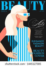 Woman fashion magazine cover design. Blonde female character wearing striped dress and sunglasses, header, text, black background. Vector illustration