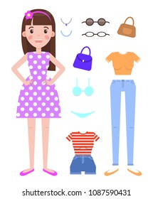 Woman fashion mode constructor with various clothes on your choice. Do it yourself creator of female style with apparel and modern accessories vector