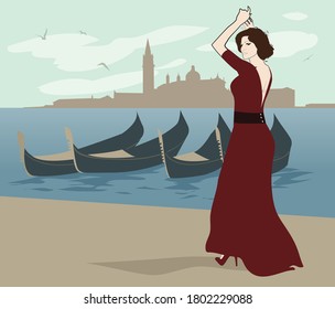 Woman fashion model in a dance pose in Venice with Santa Maria della Salute and gondolas in the background