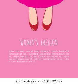 Woman fashion sale advertisement template background vector graphic design. Woman in pink skirt and redshoes standing on pink floor.