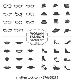 Woman Fashion Set  - glasses, hats, shoes, lips - Collection of icons can be used in web design, mobile applications, photobooth. vector