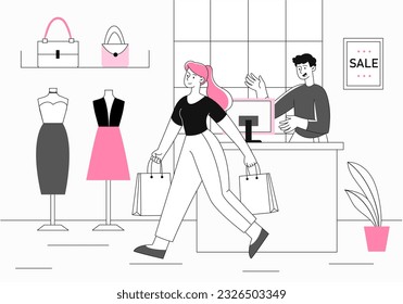 Woman in fashion shop line concept. Buyer near cashier and counter. Young girl shopping, buying trendy outfit and apparel. Customer in shopping mall. Linear flat vector illustration