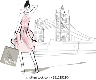 Woman fashion shopper posing in London