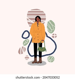 Woman in fashion spring or autumn clothes. Street style model. Colored hand drawn vector illustration isolated on abstract background.