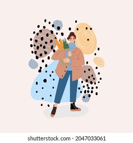 Woman in fashion spring or autumn clothes. Street style model. Colored hand drawn vector illustration isolated on abstract background.