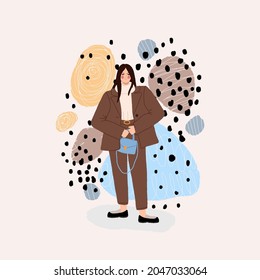 Woman in fashion spring or autumn clothes. Street style model. Colored hand drawn vector illustration isolated on abstract background.