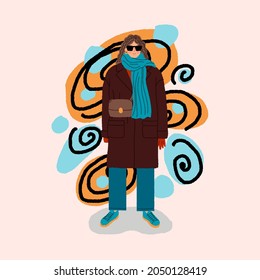 Woman in fashion spring or autumn clothes. Street style model. Colored hand drawn vector illustration isolated on abstract background.	