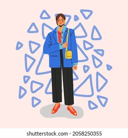 Woman in fashion spring or autumn clothes. Street style model. Colored hand drawn vector illustration isolated on abstract background.