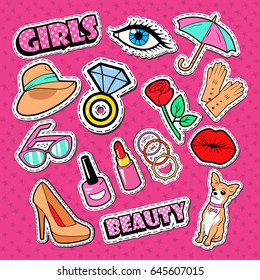 Woman Fashion Stickers, Badges and Patches. Girl Style Doodle with Diamond, Lips and Dog. Vector illustration