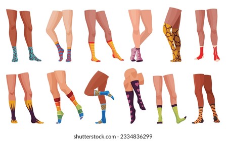 Woman fashion stocking, cartoon icon set. Legs in fashionable socks. Elegant female legs. Clothing pieces, garment with bright colored print , footwear