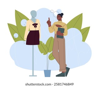 Woman in fashion studio. Young girl near dummy with formal clothes. Fashion, trend and style. Seamstress or atelier at workplace. Handmade clothes. Flat vector illustration