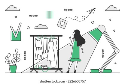 Woman fashion style. Clothing industry, choose modern stylish outfit vector monocolor illustration