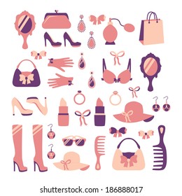 Woman fashion stylish casual shopping accessory collection isolated vector illustration