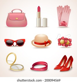 Woman fashion stylish casual shopping accessory collection icons set isolated vector illustration