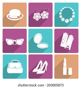 Woman fashion stylish casual shopping classic flat icons set of makeup footwear and accessories isolated vector illustration