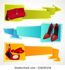 Woman fashion stylish casual shopping accessory collection of shoes bag and cosmetics banners set isolated vector illustration