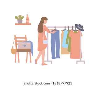 Woman At Fashion Thrift Shop Choosing Second Hand Clothes From Rack. Cartoon Girl At Swap Party Or Clothing Exchange Store, Isolated Vector Illustration.