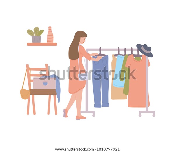Woman at fashion thrift shop\
choosing second hand clothes from rack. Cartoon girl at swap party\
or clothing exchange store, isolated vector\
illustration.