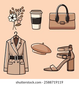 Woman Fashion Vector Clipart Set. Chic Outfit and Coffee Aesthetic Illustration