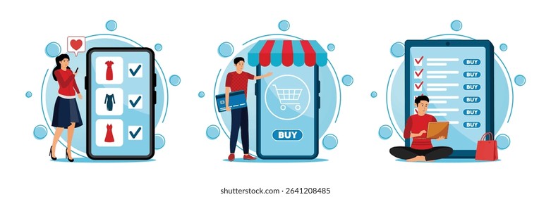 Woman in fashionable attire using a mobile app to browse and select clothing. Man holding a credit card beside a large smartphone. Man shopping online while browsing options on a tablet screen. 