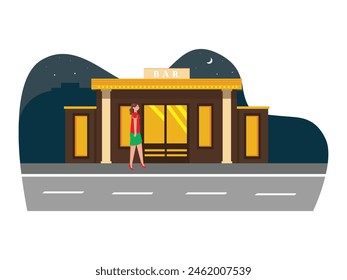 Woman in fashionable clothes walking to bar at night, lifestyle in the city. Character design. Vector flat illustration