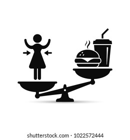 Woman and fast food on scales, vector losing weight concept, lose weight versus fast food illustration.