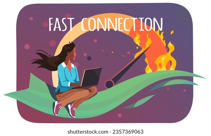 Woman with fast internet speed on computer concept. Girl person working on laptop enjoying high loading data speed on meter. Web browsing and connection time meter metaphor flat vector illustration