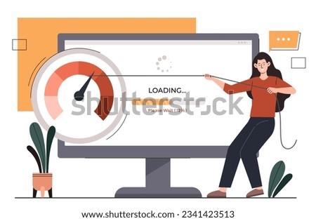 Woman with fast loading concept. Upload and download of files. System, software or program update. Young girl with progress bar. Internet and connection. Cartoon flat vector illustration